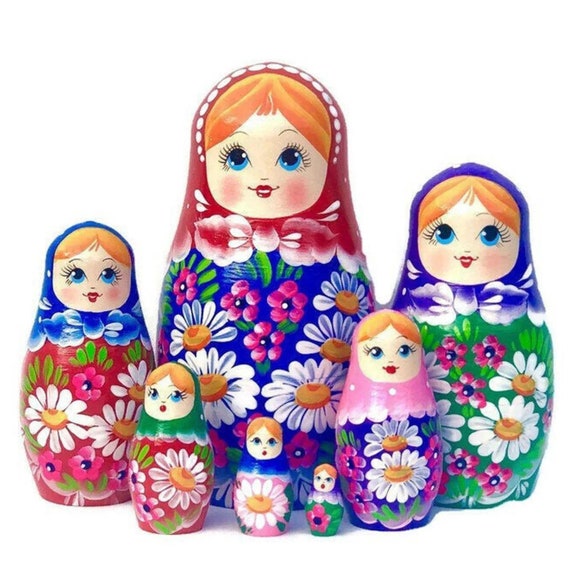 5 Vintage Pink Matryoshka Nesting Dolls Wooden Stacking Russian Hand Painted