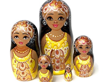 Handmade African American Nesting Dolls, Black Girl Gold Dress, Montessori Toy