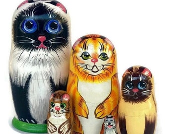 Cat nesting dolls for kids, handmade wooden toy, developing toy, Montessori toy, educational toy, toy for toddler, funny five cats