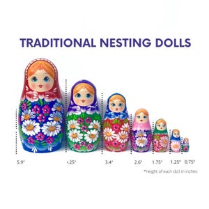 May include: A set of eight traditional Russian nesting dolls, also known as Matryoshka dolls. The dolls are painted with colorful floral patterns and feature a smiling face. The largest doll is 5.9 inches tall, and the smallest doll is 0.75 inches tall.