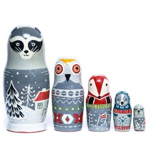 Hand Painted Winter Animal Nesting Dolls: Montessori Stacking Toy