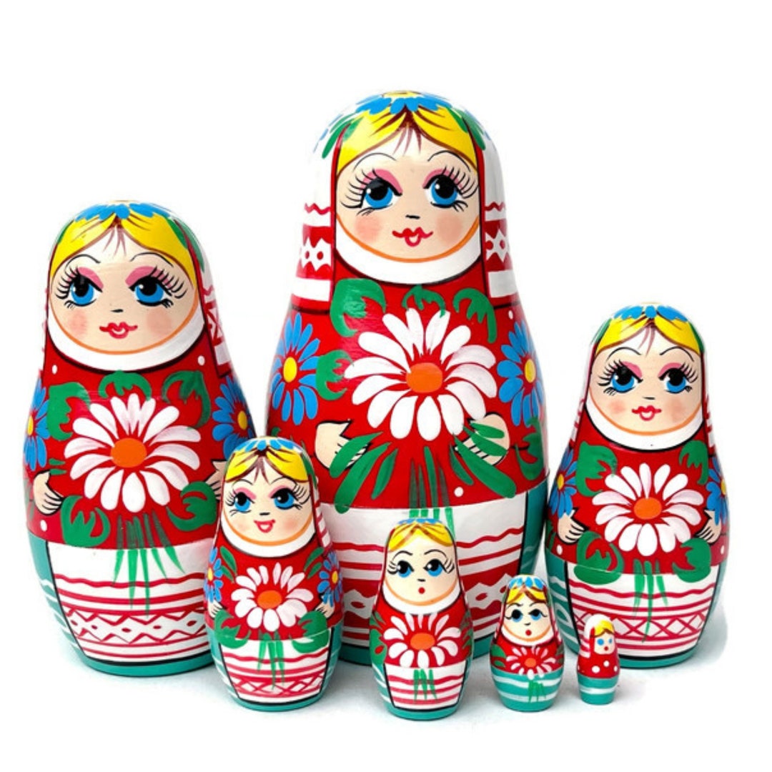 Handmade Wooden Nesting Doll Set Traditional Lady With Chamomile Flower