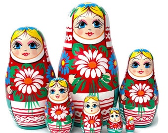 Handmade Wooden Nesting Doll Set - Traditional Lady with Chamomile Flower - Stacking Dolls, Montessori Toy for Toddlers, Christmas Stocking