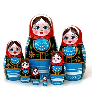 Handgefertigte Nesting Dolls: Traditionelles Blaues & Rotes Babuschka Set