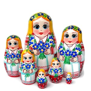 Handmade Wooden Nesting Dolls: Traditional Lady with Forget-Me-Not Flowers
