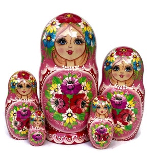 Hand-Painted Pink Floral Nesting Dolls: 7&quot; Matryoshka Stacking Dolls