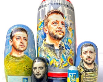 Unique Hand Painted Nesting Doll with Portraits of Volodymyr Zelenskyy, President of Ukraine, Collectible Ukrainian Gift, Custom dolls
