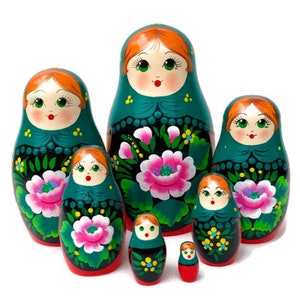 Handmade Nesting Dolls: Green Floral Babushka Set, Montessori Toy