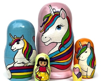 Hand-Painted Unicorn Princess Nesting Dolls: Set of 5