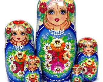 Blue Beauty große 7 ""Nesting Dolls: Handgemalte Meisterstücke der traditionellen Puppe, bemalte Stapelpuppen, perfekt für Geschenke und Weihnachten."