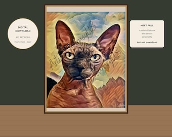 Stampa artistica da parete con gatto Sphynx / Ritratto colorato di gatto senza pelo