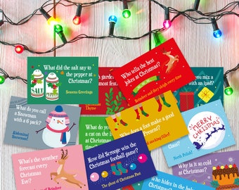 May include: A set of 12 Christmas-themed cards with jokes and puns. The cards are colorful and feature illustrations of Santa Claus, reindeer, snowmen, and other holiday symbols. The text on the cards includes phrases like "What did the salt say to the pepper at Christmas?" and "Why does a foot make a good present?"
