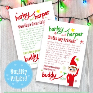 May include: Two Christmas cards featuring a festive elf design. The cards are addressed to "harley and harper" and include the messages "Goodbye dear friends" and "Hello my friends". The cards are decorated with red and green stars and a red and green border.