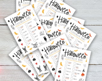 May include: A set of printable Halloween scavenger hunt cards with black and white illustrations of Halloween characters and objects. The cards have a black and orange border and the text "Halloween Scavenger Hunt" in black and orange.