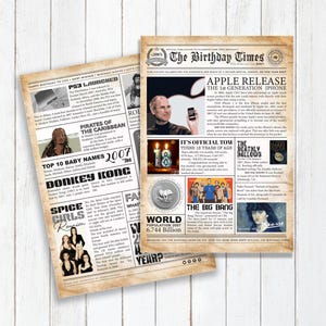 May include: A vintage newspaper-style birthday card with a headline that reads "The Birthday Times". The card features a photo of Steve Jobs and the first generation iPhone, along with other news headlines from the year 2007, such as the release of the movie "Pirates of the Caribbean: At World's End" and the top 10 baby names of the year.