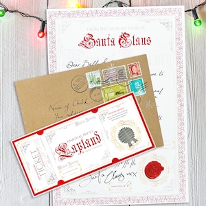 May include: A red and white ticket with gold lettering for a magical trip to Lapland. The ticket has a red wax seal with the words "Ho Ho" and a signature that says "Santa Claus".