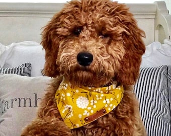 Pañuelo amarillo floral para perro – Se ata y se cierra con broche, bufanda de algodón para mascotas