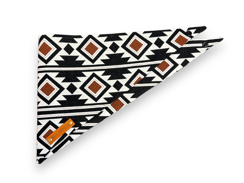 Dog Bandana Boho Aztec Bandana, Brown, White and Black. Ruff Hippie tie and snap bandana. image 2