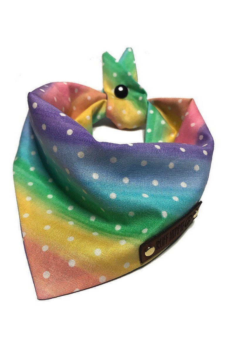 Dog Bandana Puppy gift. Rainbow polka dot print Tie and snap dog bandana Dog gift