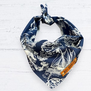 Nautical Navy Blue Dog Bandana, Sail Boat, Compass, Ocean waves. Summer Dog Bandana.