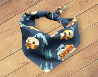 Dog Bandana - Fall, Camping dog bandana, tie and snap. Blue with retro campers.