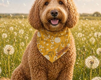 Żółta bandana dla psa z kwiatowym wzorem mniszka lekarskiego, szalik dla psa w stylu boho z dzikimi kwiatami, zatrzaskowe akcesoria