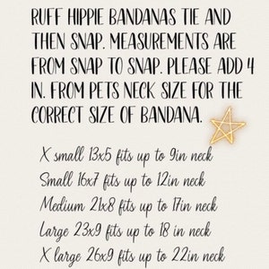 Puede incluir: Tabla de tallas para bandanas Ruff Hippie, con medidas de broche a broche. Incluye tallas de X-peque&ntilde;o a XX-grande, con dimensiones en pulgadas y medidas de cuello. Un gr&aacute;fico de estrella dorada en la esquina.