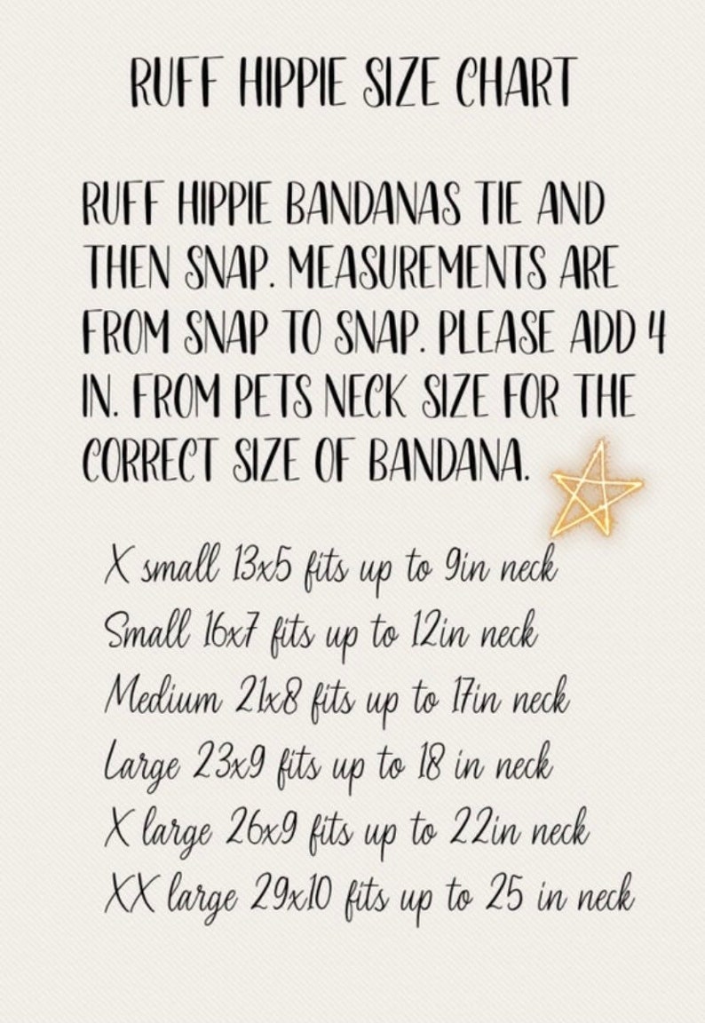 Puede incluir: Tabla de tallas para bandanas Ruff Hippie, con medidas de broche a broche. Incluye tallas de X-peque&ntilde;o a XX-grande, con dimensiones en pulgadas y medidas de cuello. Un gr&aacute;fico de estrella dorada en la esquina.