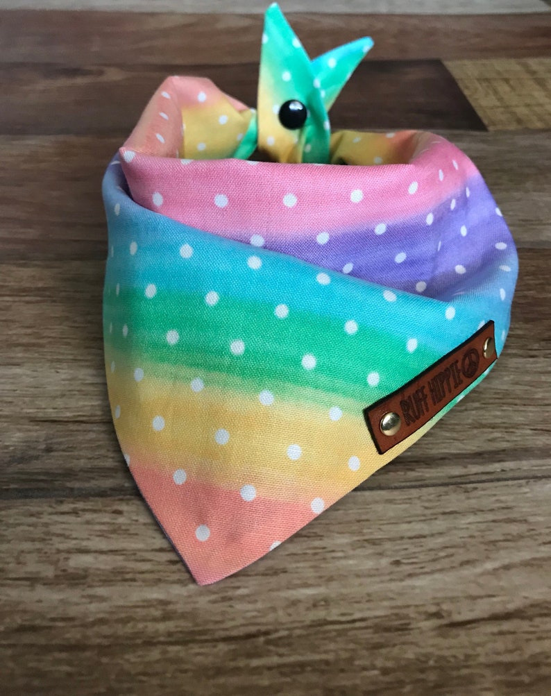 Dog Bandana Puppy gift. Rainbow polka dot print Tie and snap dog bandana Dog gift