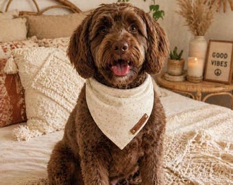 Pañuelo para perro color crema con lunares – 100 % algodón. Accesorio para mascotas con cierre de cordón y broche.