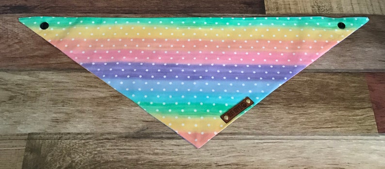 Dog Bandana Puppy gift. Rainbow polka dot print Tie and snap dog bandana Dog gift