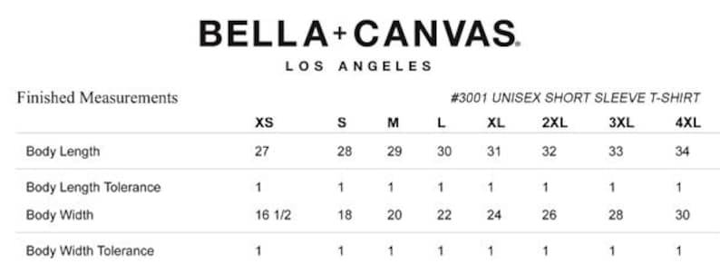 May include: Size chart for a unisex short sleeve t-shirt with measurements in inches for XS, S, M, L, XL, 2XL, 3XL, and 4XL sizes. Measurements include body length and body width.