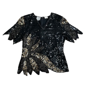 Blusa de noche vintage Stenay Nwt con cuentas y lentejuelas, de seda negra, de stock medio, dorada, glamurosa y brillante
