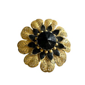 Gold Tone Black Stone Floral Brooch Vintage Light Weight 80s Glam Flower Cocktail Jewelry Fashion Pin