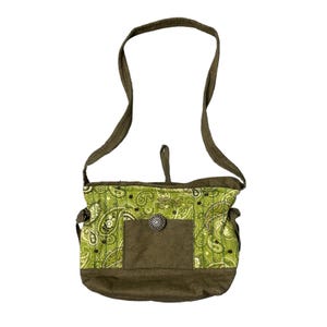 Handmade Vintage Boho Shoulder Bag Purse Green Brown Paisley Floral Bohemian Hippy Groovy Zipper Excellent Condition 70s