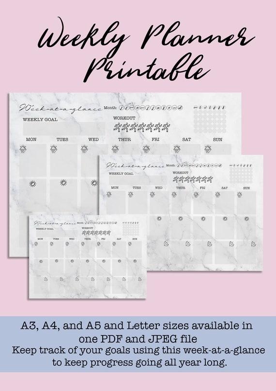 marble weekly planner printable week at a glance available etsy at a glance weekly calendar