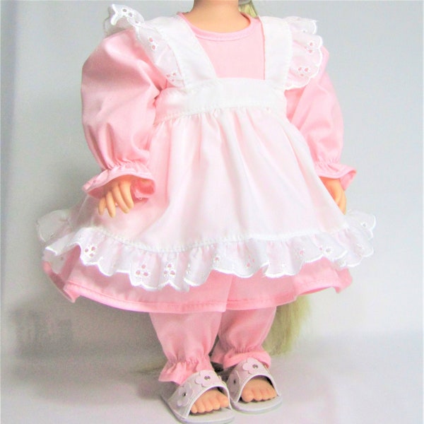 12-13-14 inch 3Pc Summer Doll Dress Pinafore Pantaloon Set, Reborn Baby Outfit fit Dolls like Madame Alexander, Melissa Doug, Thumbelina