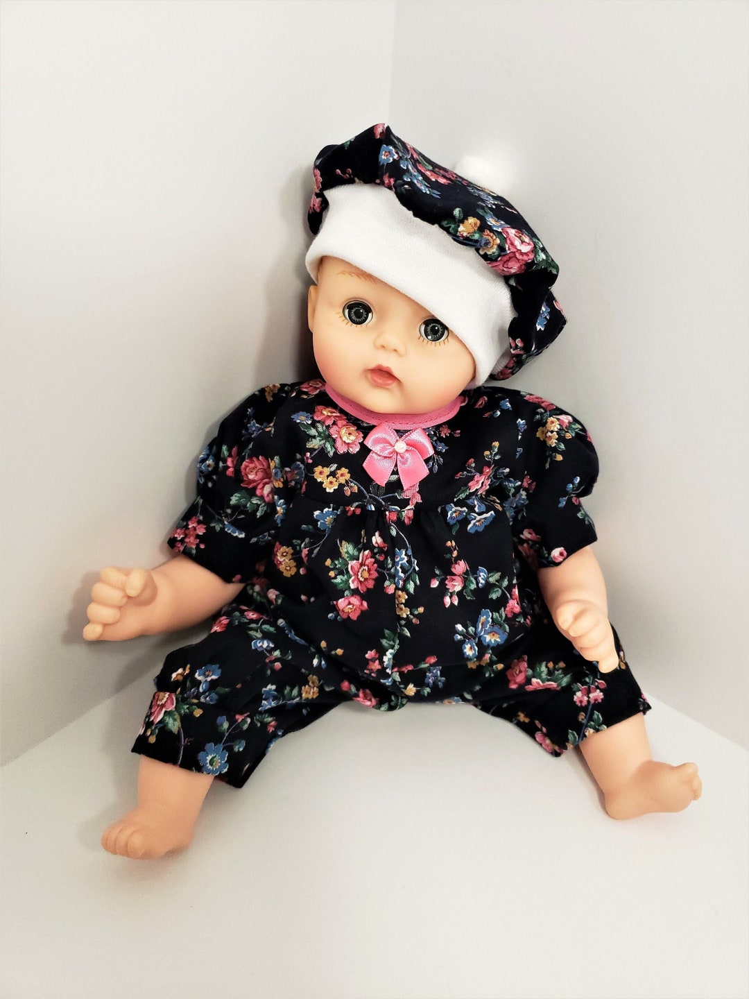 12 13 14 Inch Small Baby Doll Clothes, Vintage Black Fabric With Roses, Long Romper Fit Dolls