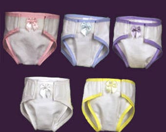 Girls Medium and Large Adorable Doll Diapers White, Pink, Lavender, Blue, Yellow and Red.