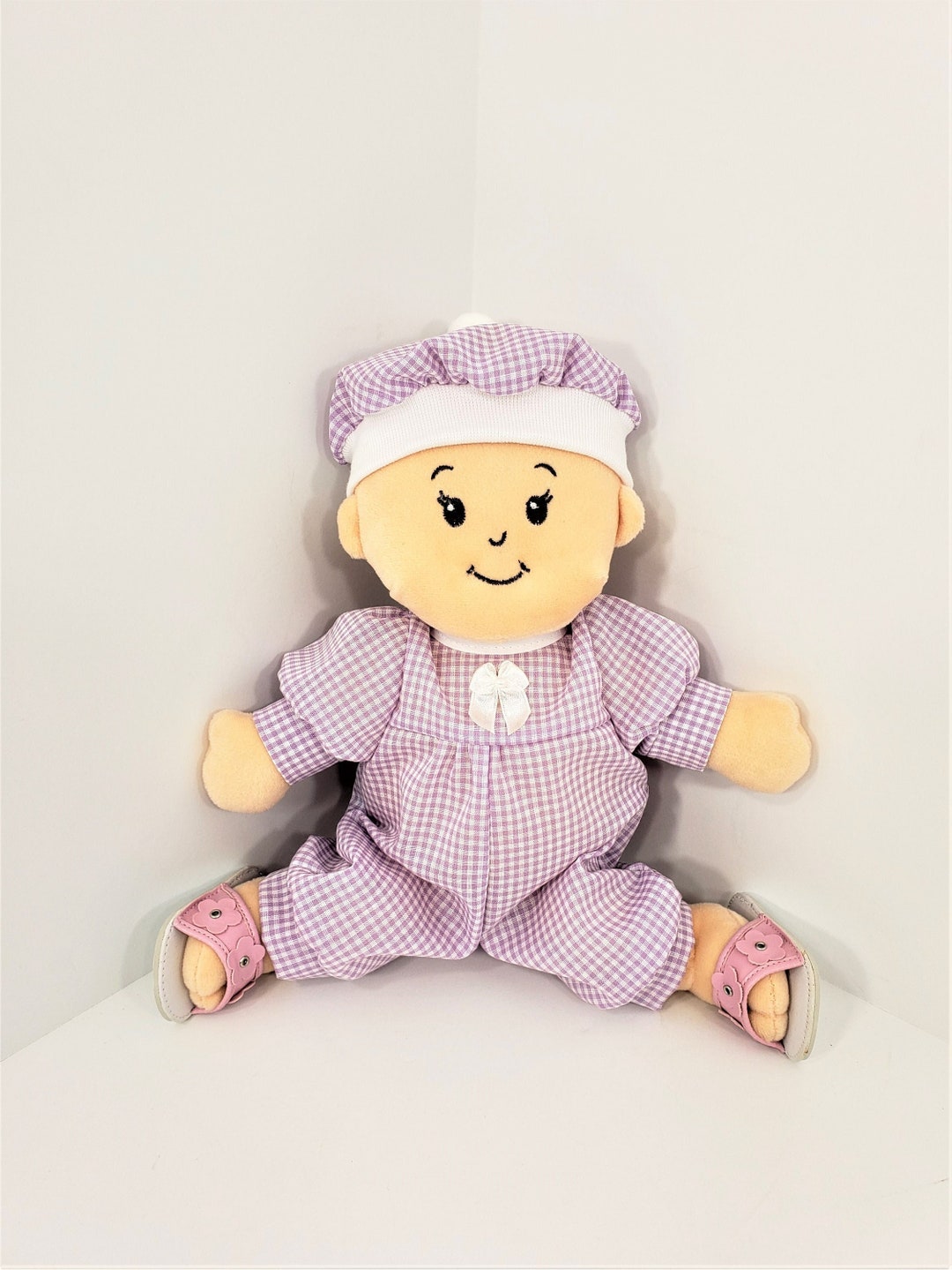 Small Lavender Gingham Doll Romper, Beret Hat and Sandals Fit