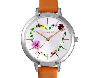 Oui Merci MC010005 Ladies Watch Stainless Steel and Tan Leather - Womens Leather Watch - Leather Watch - Girls Watch - Birthday Gift