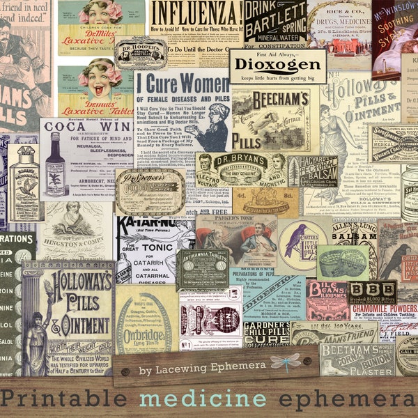 Vintage medicine advertisements, medicine ephemera, apothecary, medical ephemera, printable, pills, tonic, piles, cures, junk page, DOWNLOAD