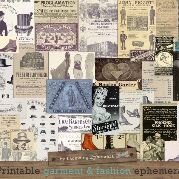 Vintage Mode, Vintage Kleidung, Ephemera, druckbar, Kleidung Ephemera, Hutmacher, alte Werbung, Strümpfe, Korsett, Gürtel, DOWNLOAD