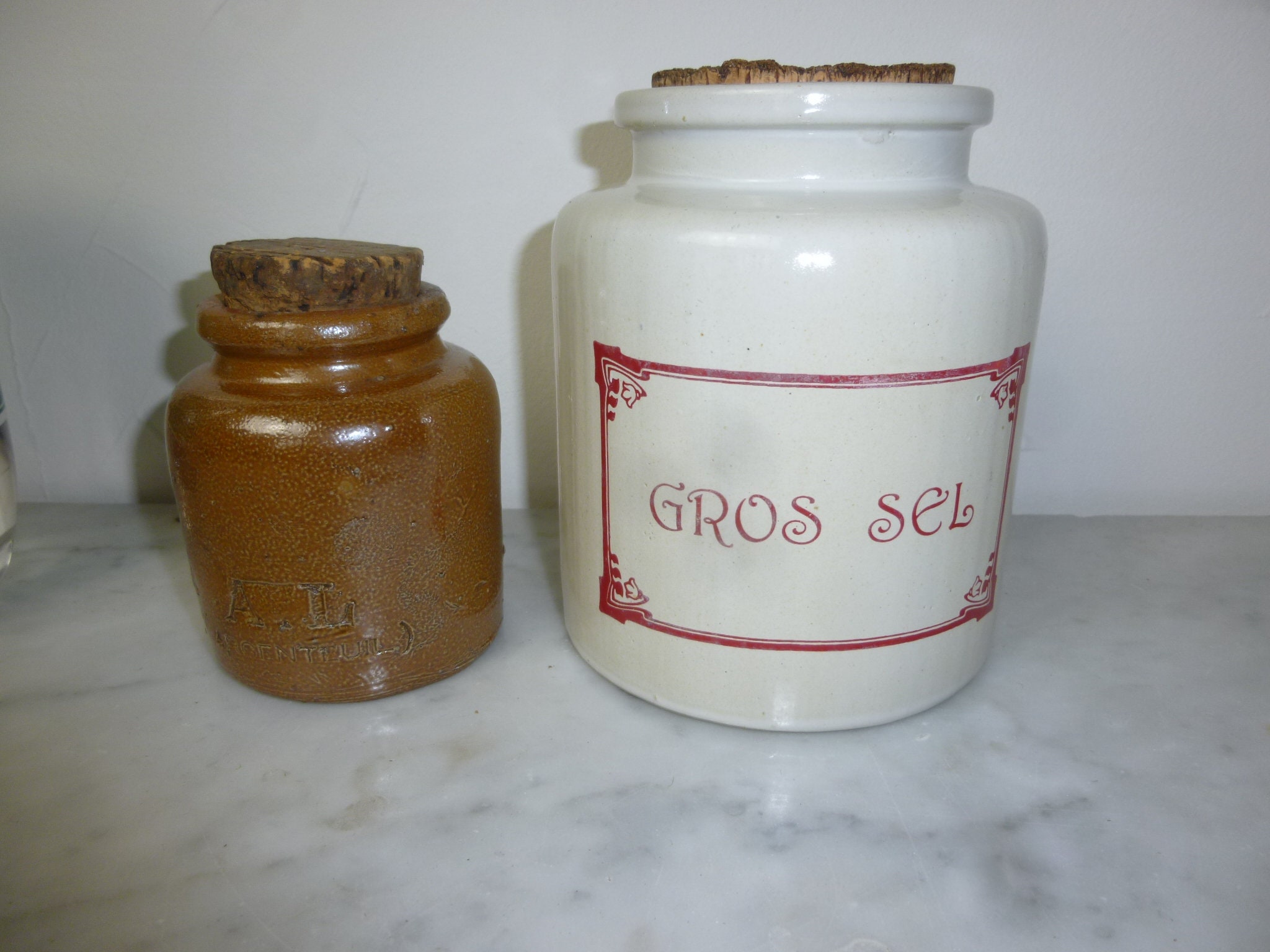 2 Pot Grés Ancien Condiment Gros Sel