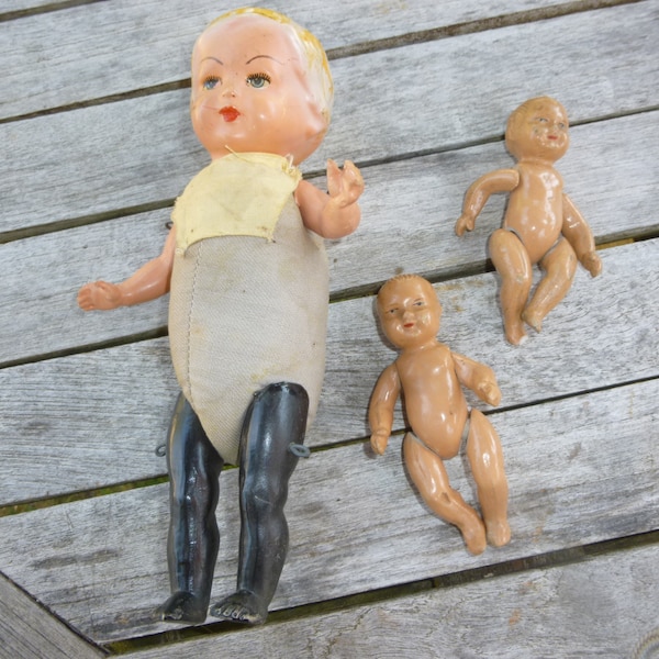 3 Old NIL biscuit & celluloid porcelain bather doll