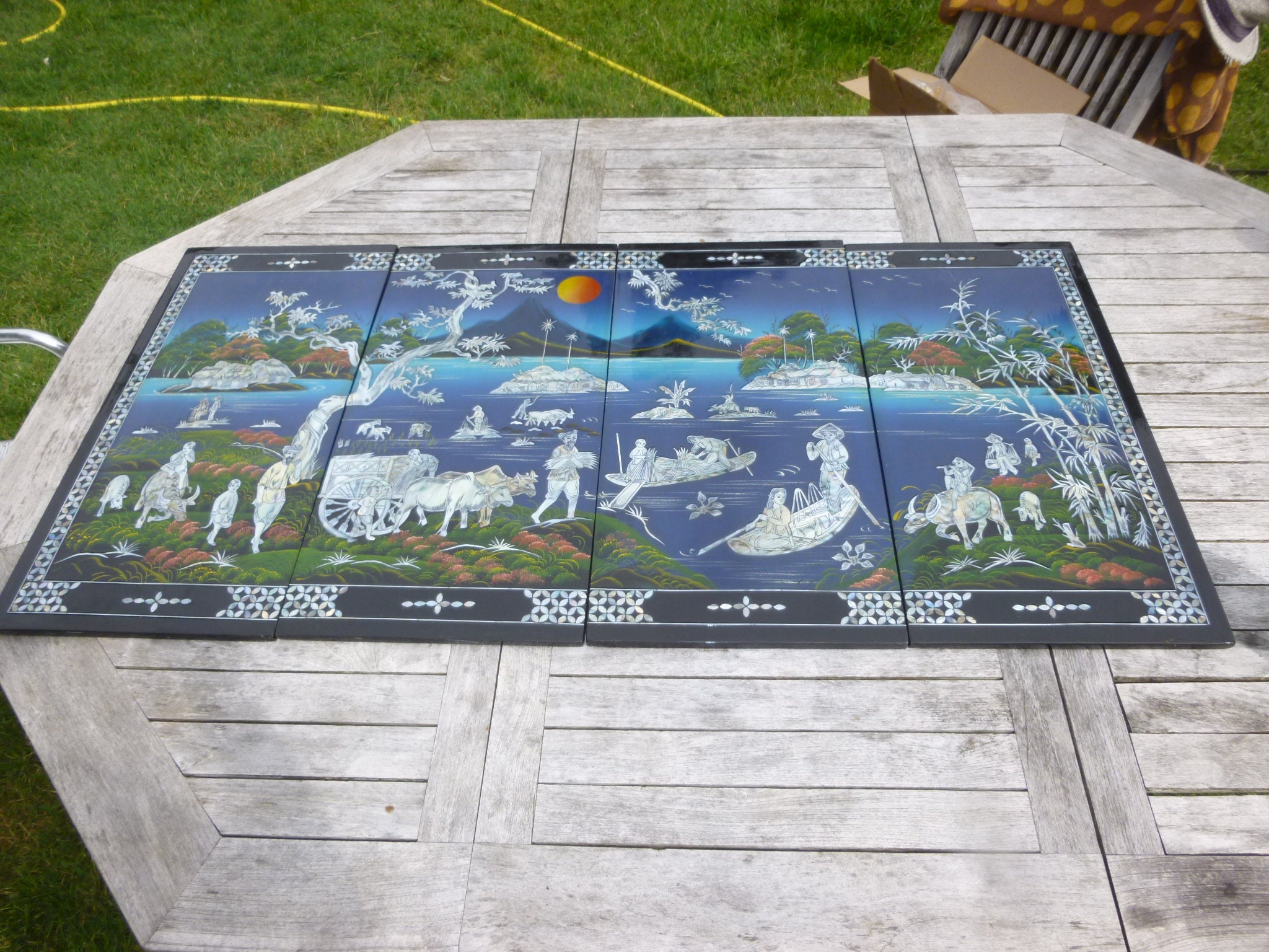 4 Panneau Cadre Bois Laqué Nacre Vietnam 116 cm