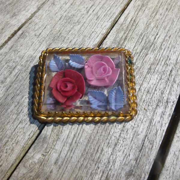 Bijou ancien broche verre biseauté laiton fleurs