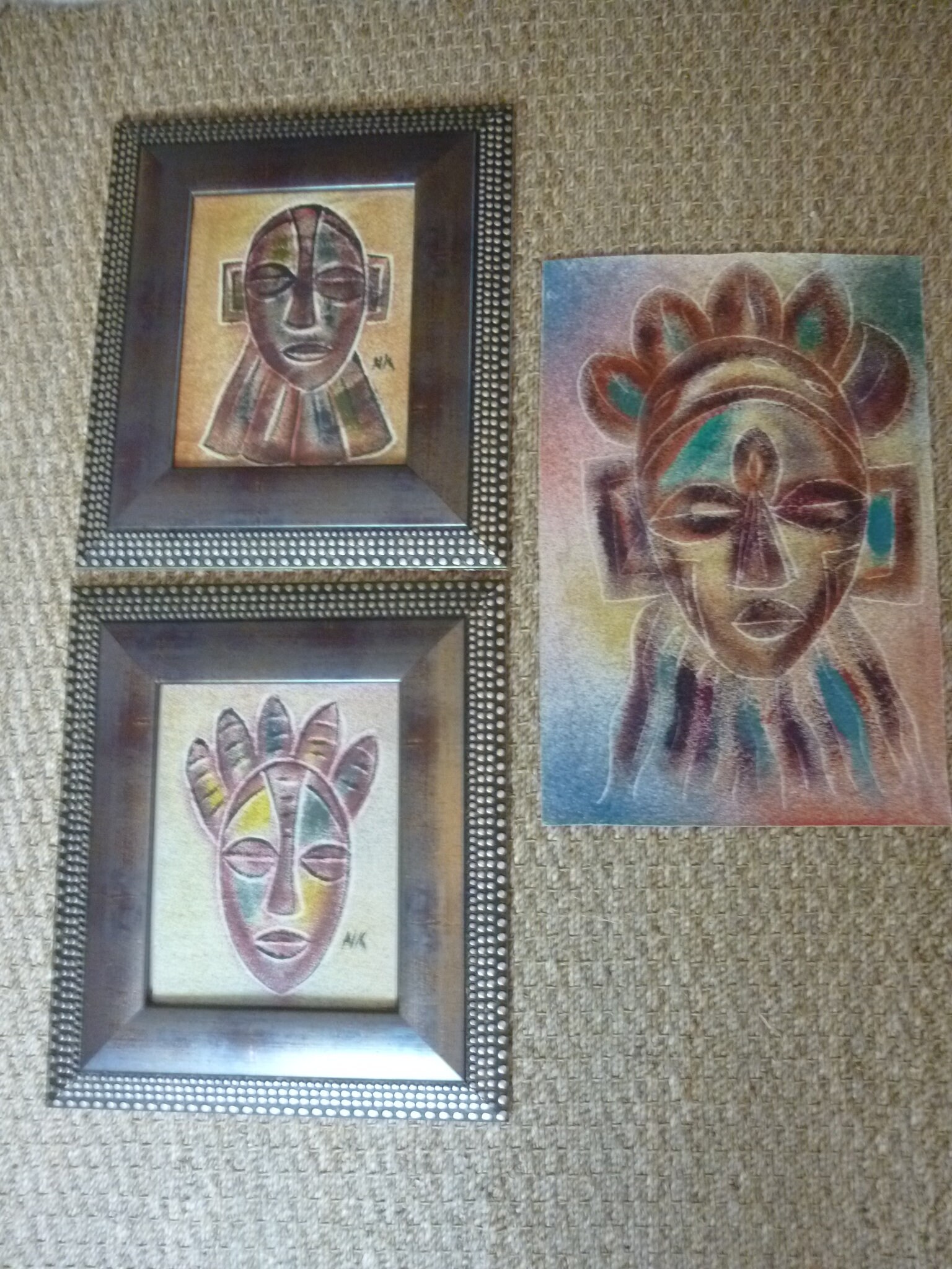 Art Ethnique Africain 3 Toiles Peinture Au Sable