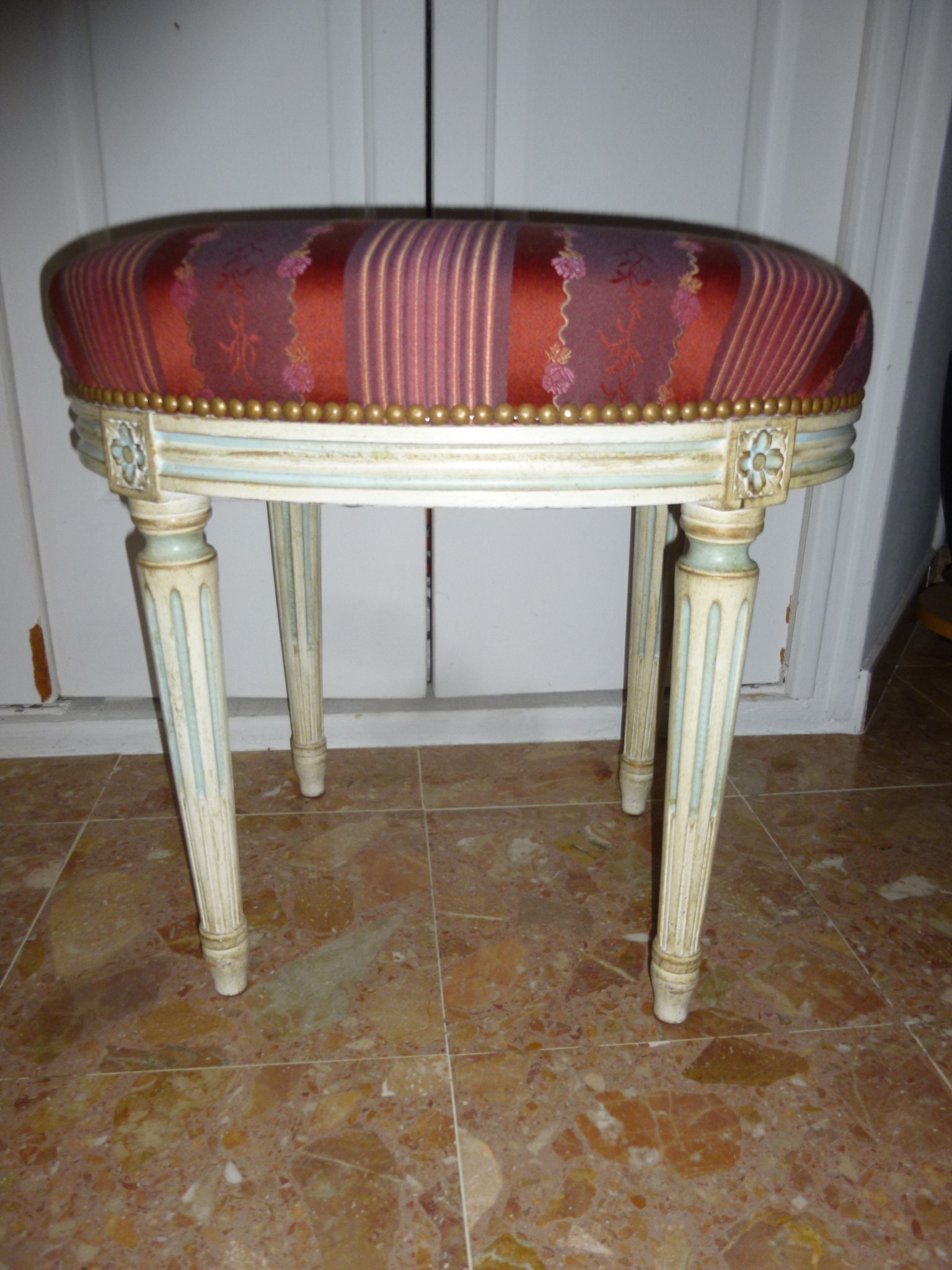 Ancien Tabouret Siège Pouf Bois Sculpté Style Louis Xvi