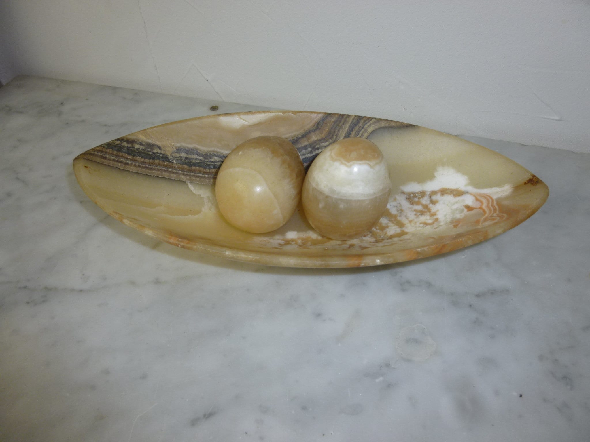 Minéraux Coupe Vide Poche en Pierre Onyx et 2 Oeufs